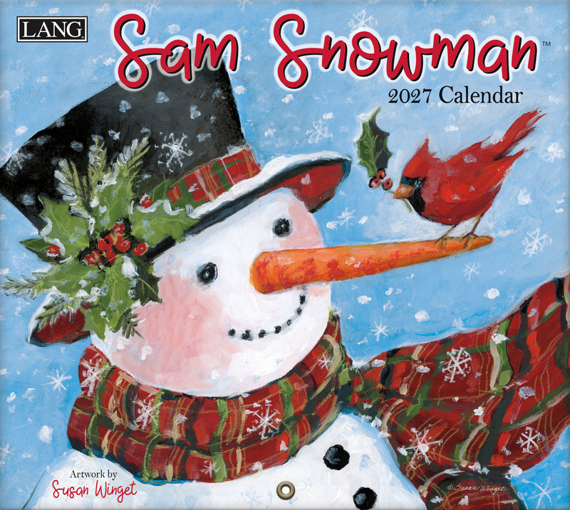 2027 calendar cover featuring a snowman with a cardinal and Christmas decorations on a blue snowy background.