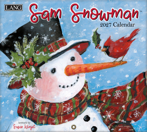 2027 calendar cover featuring a snowman with a cardinal and Christmas decorations on a blue snowy background.
