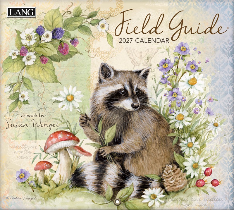 2027 calendar featuring a raccoon among flowers and mushrooms with 'LANG' branding.