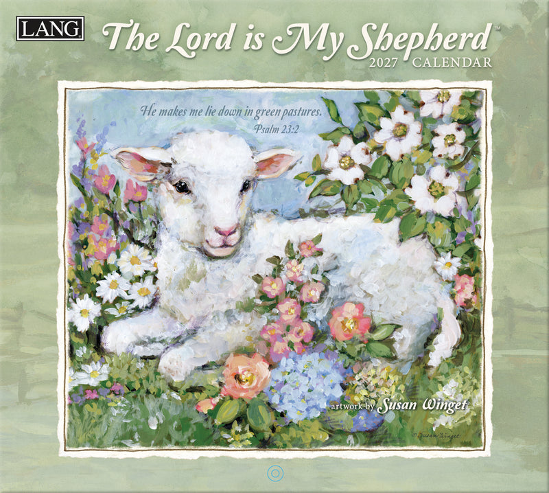 2027 calendar cover featuring a lamb and flowers with 'The Lord is My Shepherd' text.