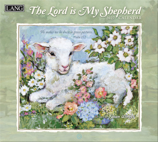 2027 calendar cover featuring a lamb and flowers with 'The Lord is My Shepherd' text.