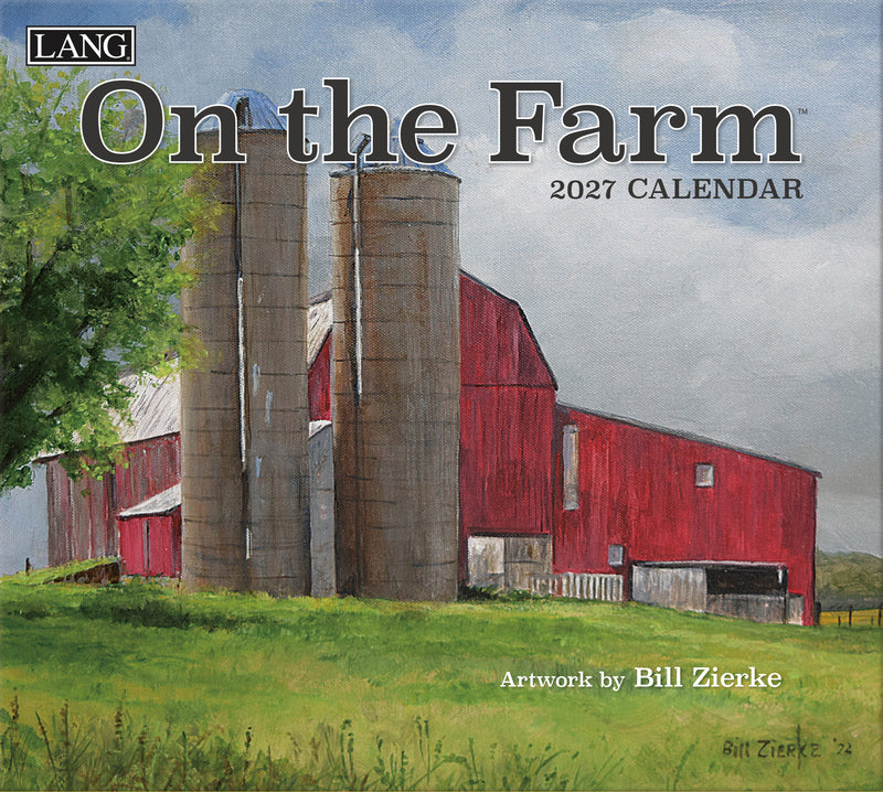 2027 calendar cover with a red barn and silos on a farm, artwork by Bill Zierke.