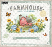Farmhouse-themed calendar with a red barn, flowers, and butterflies on a light background.