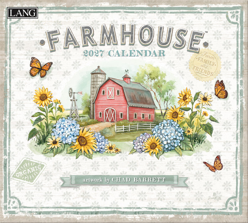 Farmhouse-themed calendar with a red barn, flowers, and butterflies on a light background.