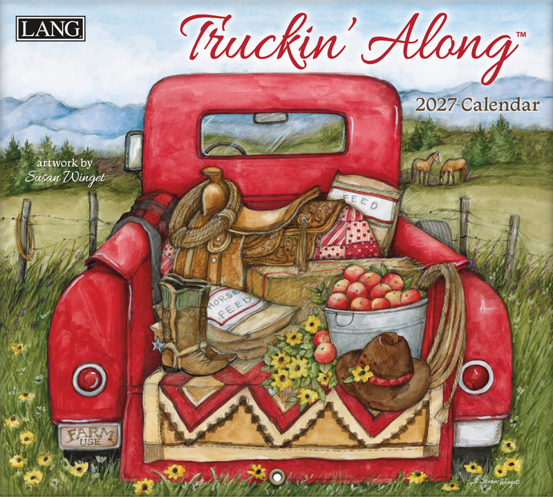 2027 calendar cover with a red truck filled with items in a field, featuring the brand 'LANG'.