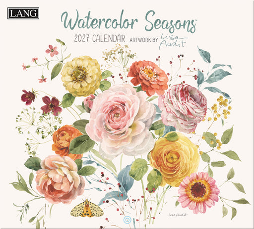 2027 calendar cover with watercolor flowers and 'LANG' branding