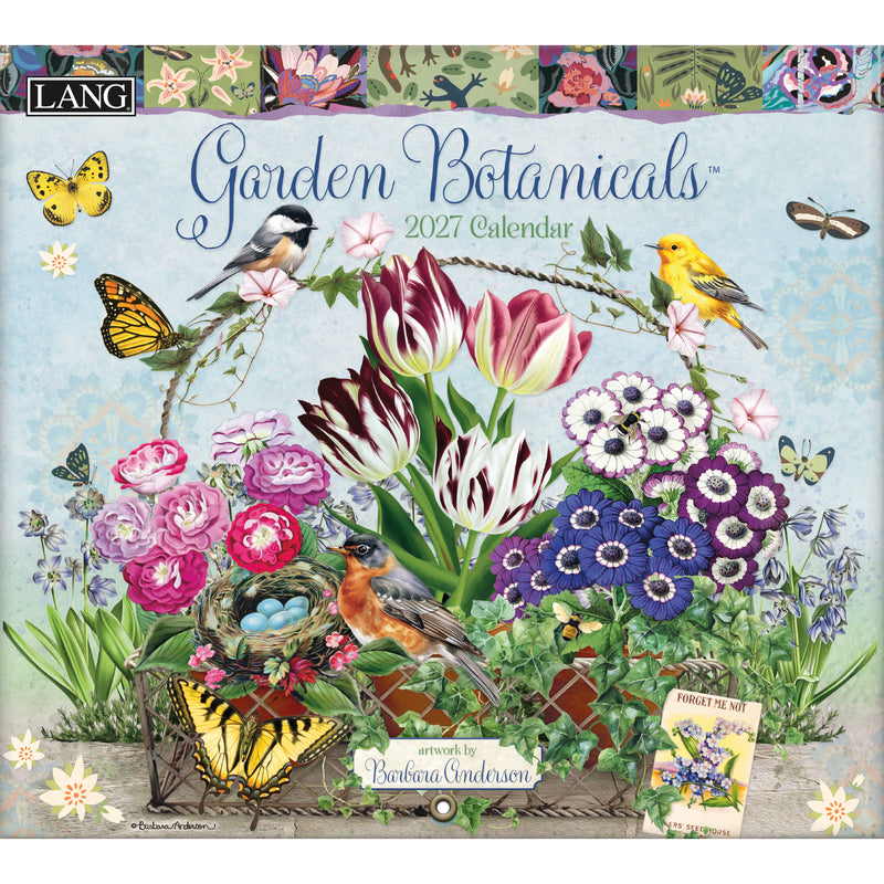 2027 Garden Botanicals calendar by Lang with flowers, birds, and butterflies on a blue background.