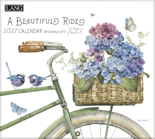 2027 calendar cover with a bicycle, flowers, and birds by Lisa Audit