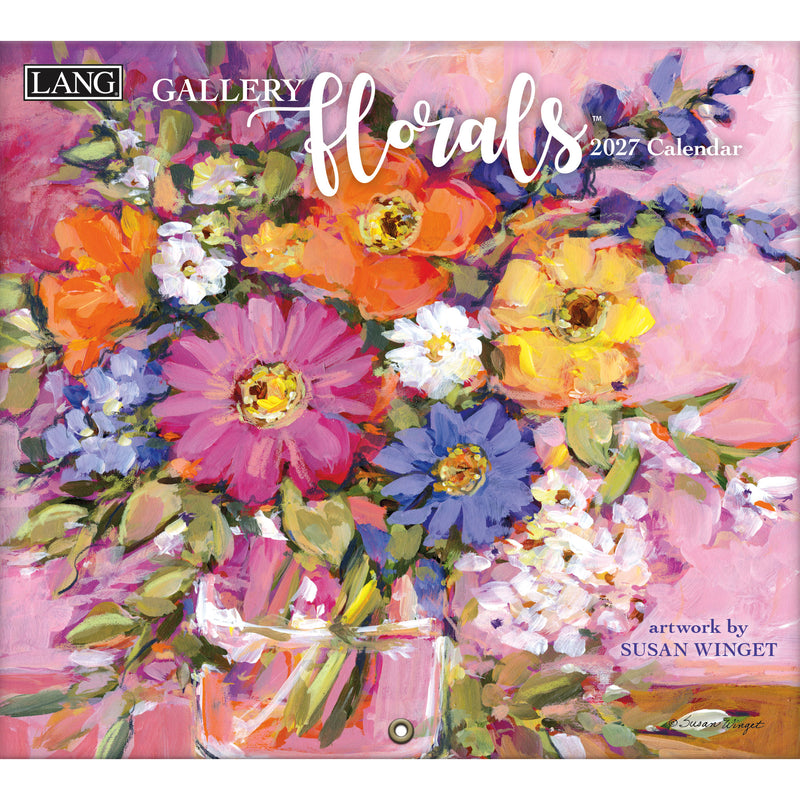 Floral calendar cover with colorful flowers and 'LANG Gallery Florals' branding