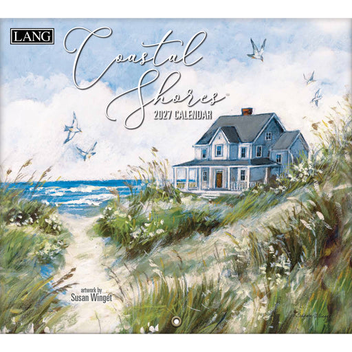 Coastal Shores 2027 calendar with a house by the sea and 'LANG' branding.