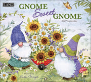 Gnome-themed calendar with two gnomes, sunflowers, and a butterfly on a colorful background.
