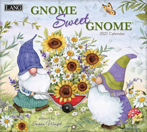 Gnome-themed calendar with two gnomes, sunflowers, and a butterfly on a colorful background.