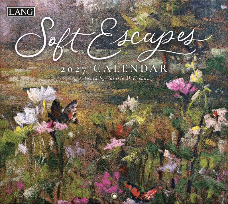 2027 Soft Escapes calendar with floral and butterfly design, featuring the brand 'LANG'.