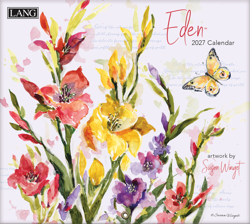 2027 Eden calendar with floral design and butterfly, featuring the brand 'LANG'.
