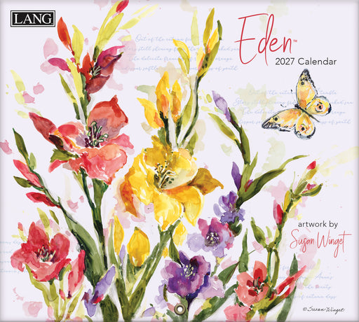 2027 Eden calendar with floral design and butterfly, featuring the brand 'LANG'.