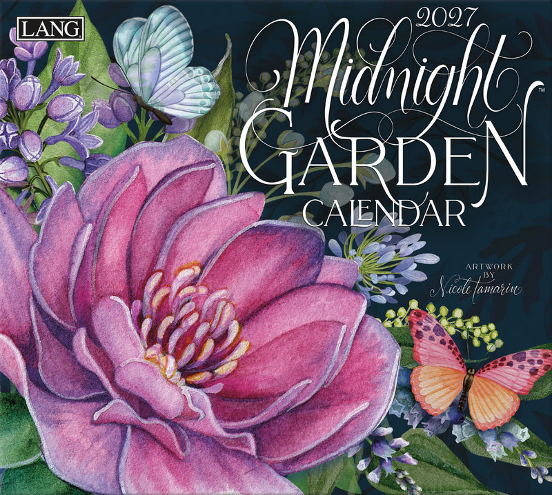2027 Midnight Garden calendar with a pink flower and butterfly on a dark background