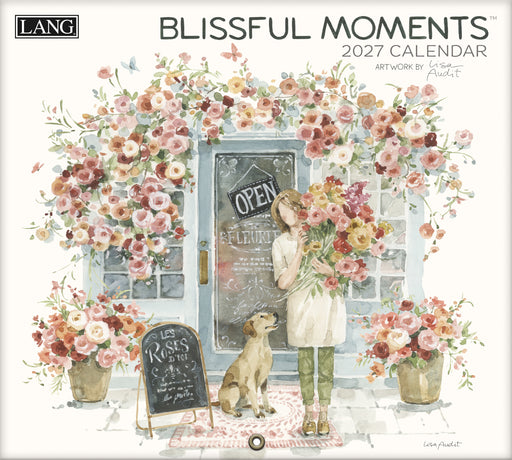 2027 calendar cover with floral design and woman holding flowers in front of a store entrance.