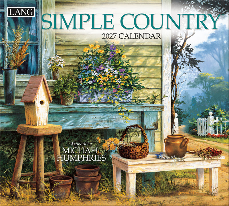 2027 calendar cover featuring a country-style scene with a wooden stool, birdhouse, and flowers.