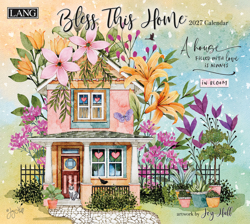 2027 calendar cover with a house and flowers, featuring the brand 'LANG'.