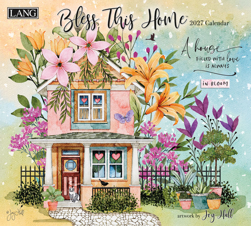 2027 calendar cover with a house and flowers, featuring the brand 'LANG'.