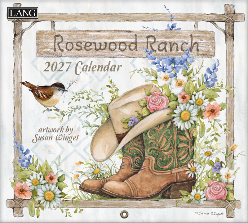 2027 calendar cover with cowboy hat, boots, and flowers, featuring the brand 'LANG'.