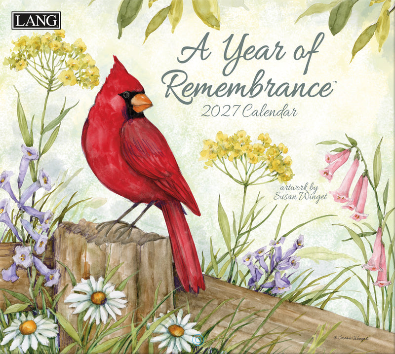 2027 calendar with a red cardinal and floral design, featuring the brand 'LANG'.