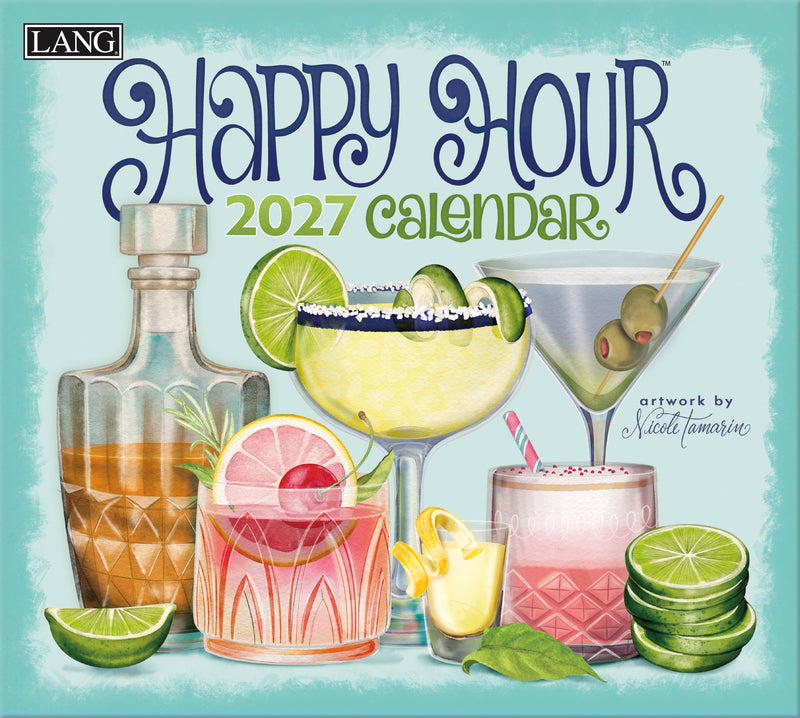 Happy Hour 2027 calendar with illustrations of cocktails and drinks on a light blue background.