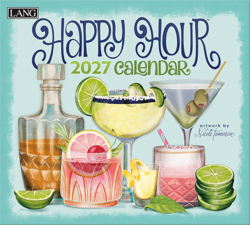 Happy Hour 2027 calendar with illustrations of cocktails and drinks on a light blue background.