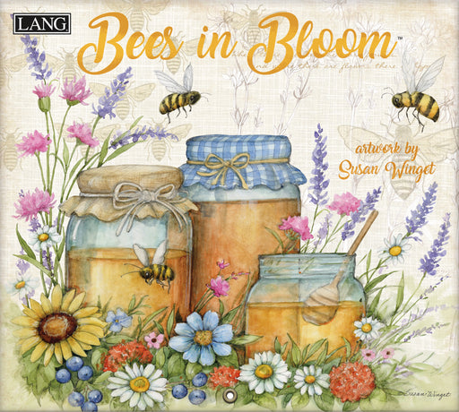 Decorative cover of 'Bees in Bloom' with jars of honey, flowers, and bees.