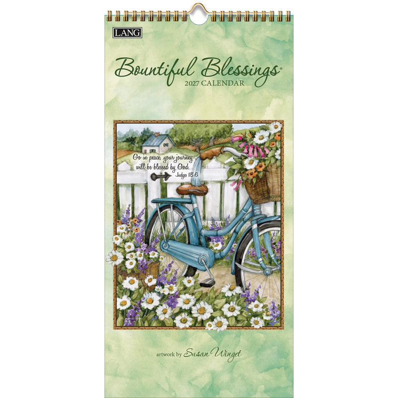 Calendar cover with a bicycle and flowers, featuring the brand 'LANG'.