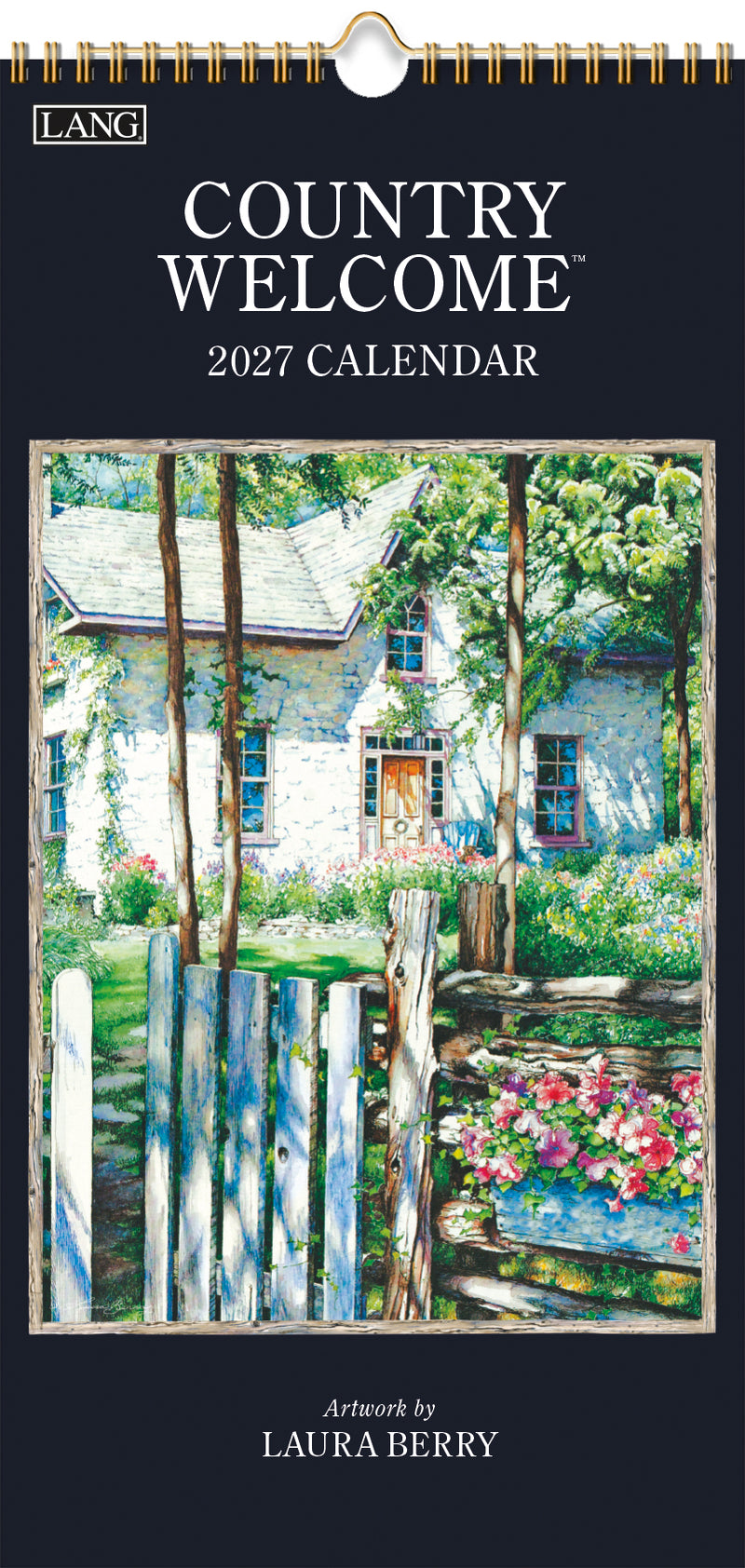 2027 calendar cover with a painting of a house and garden, featuring the brand 'LANG'.