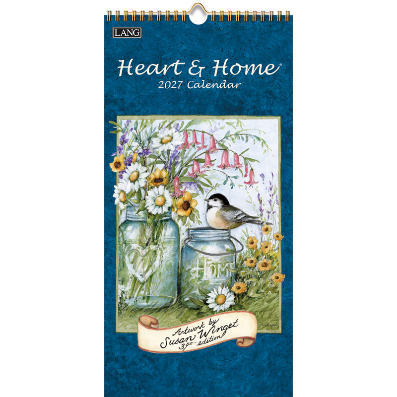 2027 calendar titled 'Heart & Home' with floral and bird design on a blue background