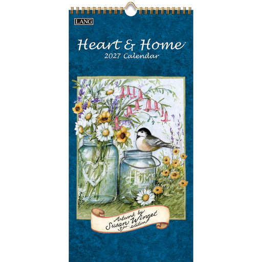 2027 calendar titled 'Heart & Home' with floral and bird design on a blue background