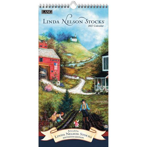 2027 calendar by Linda Nelson Stocks with a scenic illustration of a red barn and people in a field.