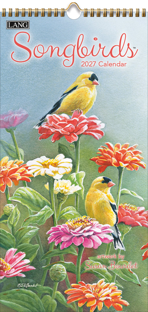 2027 calendar featuring songbirds on flowers with 'LANG' branding