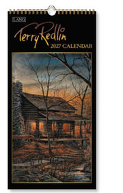 Terry Redlin 2027 calendar with a cabin painting on a black background