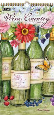 Wine Country calendar with wine bottles, flowers, and a butterfly on a green background
