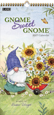 Gnome-themed calendar with a gnome and sunflowers on a green background