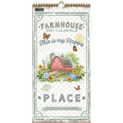Farmhouse-themed calendar with a red barn and butterflies on a white background