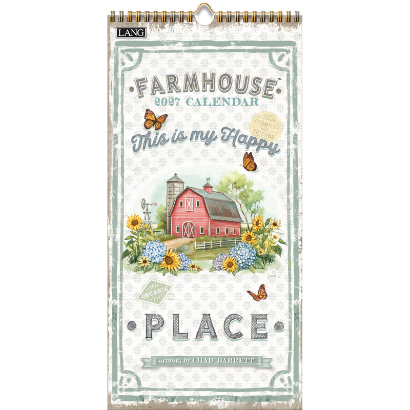 Farmhouse-themed calendar with a red barn and butterflies on a white background