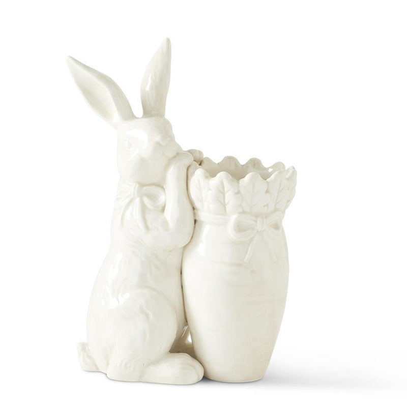 Antiqued White Carrot Container with Rabbit