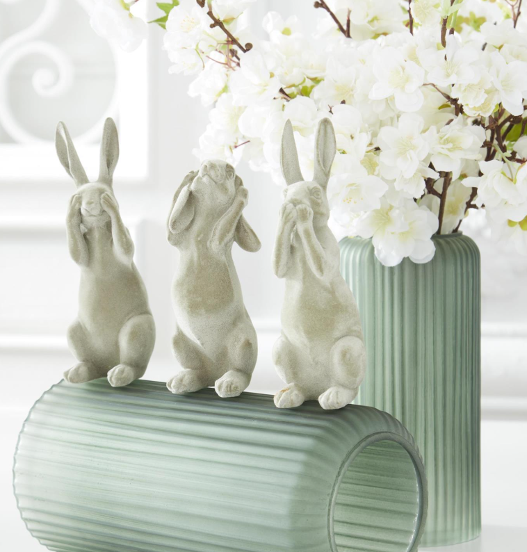 Green Velvet Resin Hear No See No Speak No Evil Bunnies - Set of 3