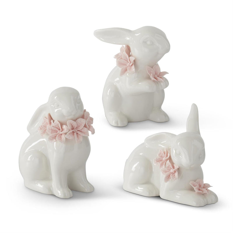 White Easter Bunny with Pink Flower Figurines