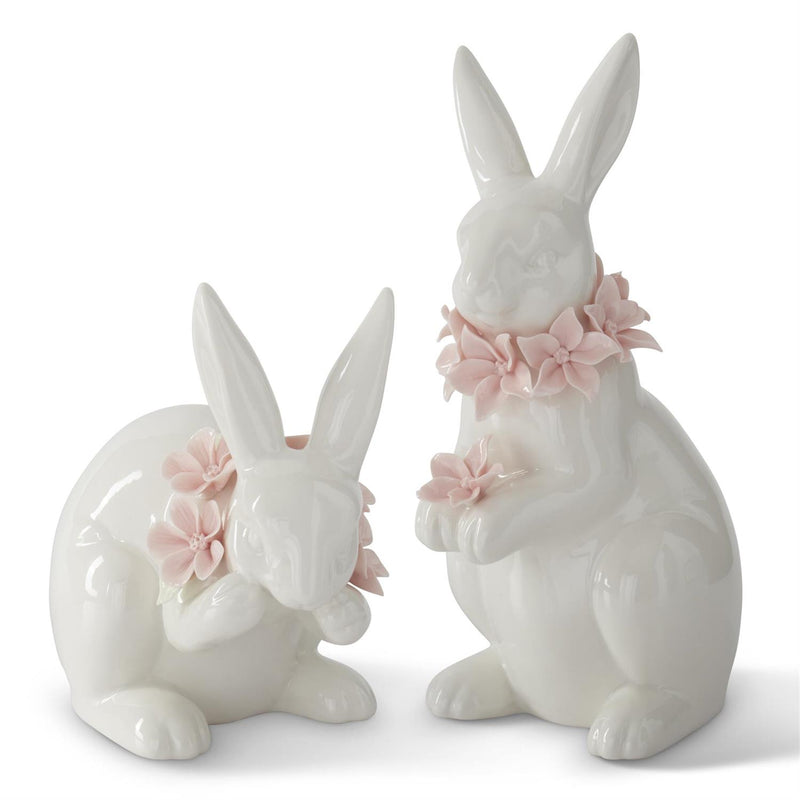 White Easter Bunny Figurines with Pink Floral Collars