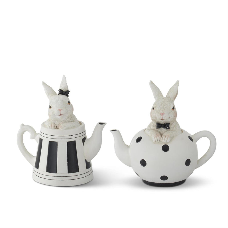 White Bunnies in Black & White Teapots