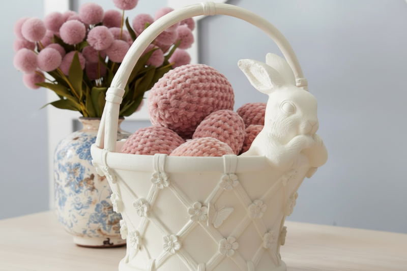 White textured basket with pink crochet eggs and a rabbit figure on a light surface.