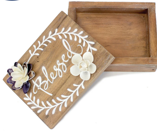 Wooden decorative box with 'Blessed' text and floral designs on a white background