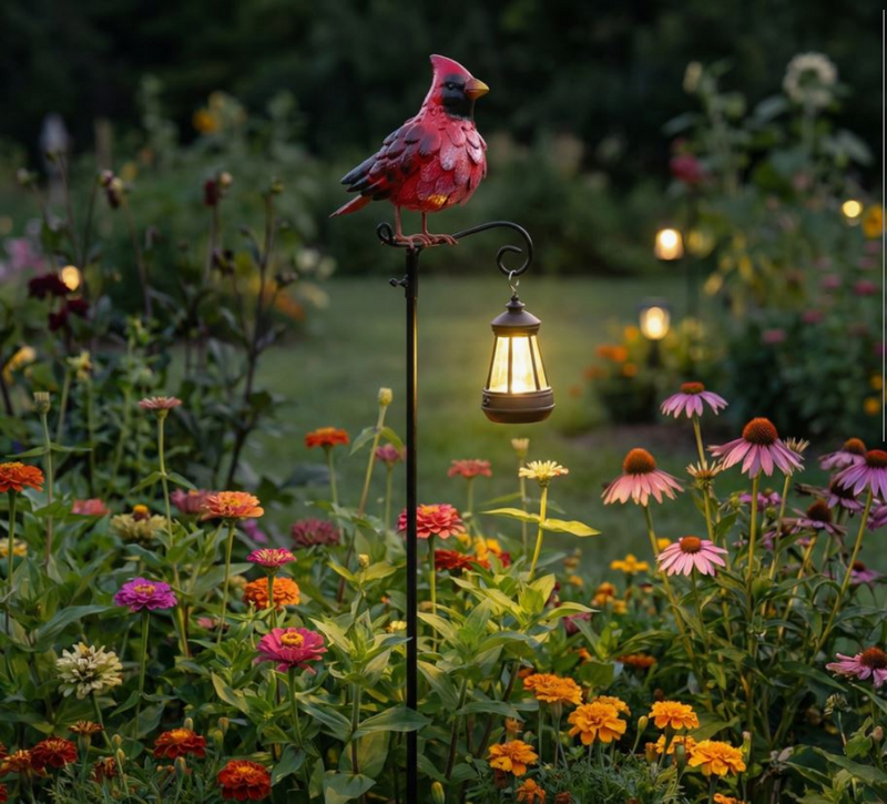 Cardinal-shaped garden light in a flower garden