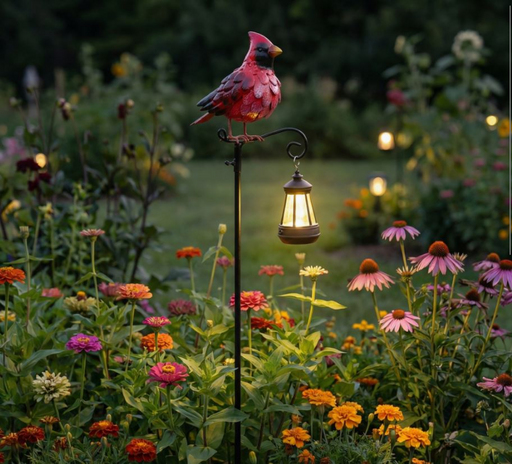 Cardinal-shaped garden light in a flower garden