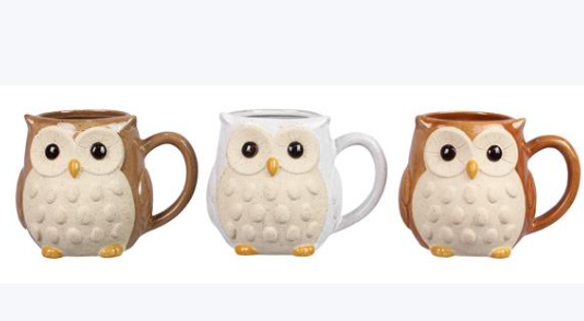 Three owl-shaped mugs on a white background